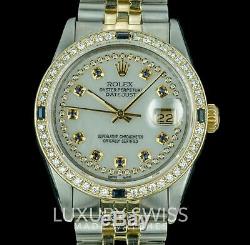 Rolex Men's 36mm Datejust Steel and Gold Diamond and Sapphire Dial Gold Bezel
