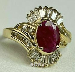 Ruby Baguette Round Diamond Halo Swirl Cluster Vintage Ring 14K Yellow Gold Over