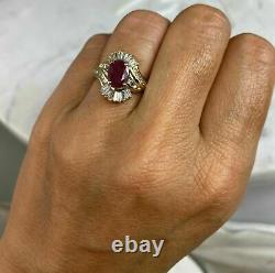 Ruby Baguette Round Diamond Halo Swirl Cluster Vintage Ring 14K Yellow Gold Over