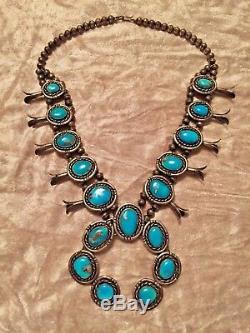 SALE! Vintage Navajo Turquoise Sterling Silver Squash Blossom Necklace