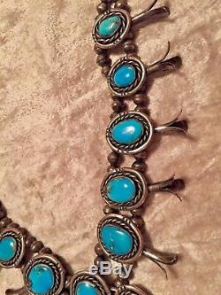 SALE! Vintage Navajo Turquoise Sterling Silver Squash Blossom Necklace