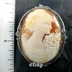 STERLING SILVER Carved LADY CAMEO Vintage ESTATE Pin/Pendant/Brooch GIRL 10.6g