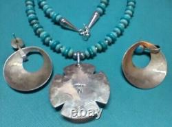 STERLING SILVER NAVAJO VINTAGE TURQUOISE CONCHO NECKLACE &EARRINGS Sgn N 62.8 Gr