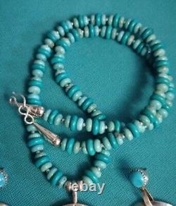 STERLING SILVER NAVAJO VINTAGE TURQUOISE CONCHO NECKLACE &EARRINGS Sgn N 62.8 Gr
