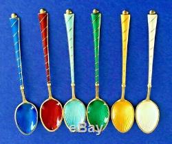 STUNNING Vtg. Sterling Silver 925 Enamel Guilloche 6 Spoon SET Ela DenmarkRARE