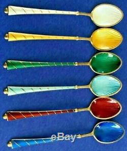 STUNNING Vtg. Sterling Silver 925 Enamel Guilloche 6 Spoon SET Ela DenmarkRARE