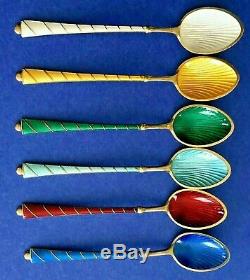 STUNNING Vtg. Sterling Silver 925 Enamel Guilloche 6 Spoon SET Ela DenmarkRARE