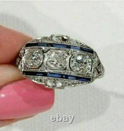 Sapphire Ring 3.54 Ct Diamond Vintage Art Deco Wedding Ring 14K White Gold Over