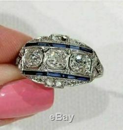 Sapphire Vintage Art Deco Ring 4Ct Diamond Engagement Wedding Ring 14K Gold Over