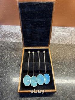 Set Of 4 Antique Sterling Silver Guilloche Enamel finish Coffee Bean Spoons 11cm