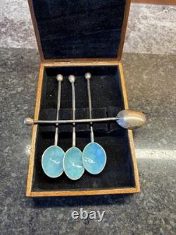 Set Of 4 Antique Sterling Silver Guilloche Enamel finish Coffee Bean Spoons 11cm