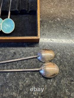 Set Of 4 Antique Sterling Silver Guilloche Enamel finish Coffee Bean Spoons 11cm