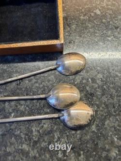 Set Of 4 Antique Sterling Silver Guilloche Enamel finish Coffee Bean Spoons 11cm
