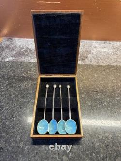 Set Of 4 Antique Sterling Silver Guilloche Enamel finish Coffee Bean Spoons 11cm