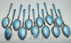Set of 12 Vintage Enamel and Jeweled Sterling Silver Demitasse Spoons