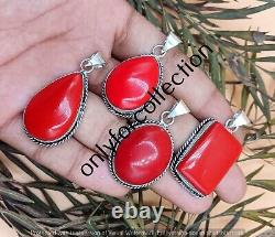 Shiny Red Coral Gemstone 925 Sterling Silver Plated Handmade Fancy Pendants Lot