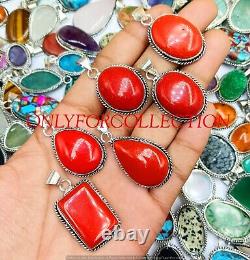 Shiny Red Coral Gemstone 925 Sterling Silver Plated Handmade Fancy Pendants Lot