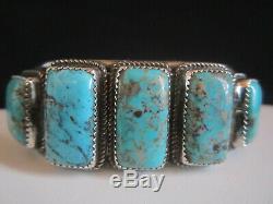 Signed Native Vintage Pawn Navajo Sterling Silver Turquoise Cuff Row Bracelet