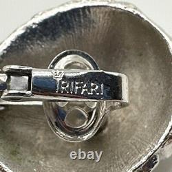 Signed Trifar Vintage Sterling Silver Clip On Rare Unique Fashion Earrings