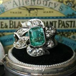 Simulated Emerald 14K White Gold Plated Silver Stunning Vintage Art Deco Ring