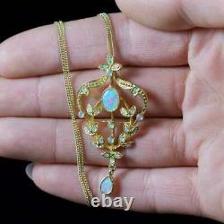 Simulated Fire Opal Floral Drop Pendant Chain Pendant Real14K Yellow Gold Plated