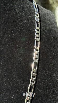 Solid 925 Sterling Silver Figaro Chain Necklace 23 7mm 37.2g Rhodium Finish