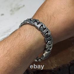 Solid Chain Bracelet Sterling Silver, Engraved Handmade Heavy Bracelet