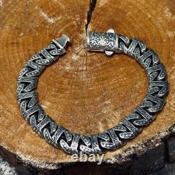 Solid Chain Bracelet Sterling Silver, Engraved Handmade Heavy Bracelet