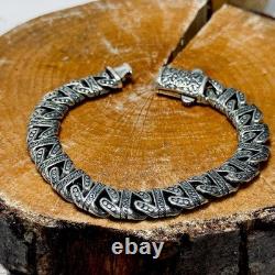 Solid Chain Bracelet Sterling Silver, Engraved Handmade Heavy Bracelet