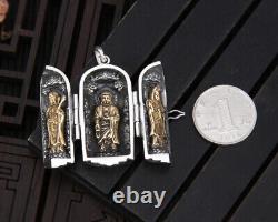 Solid S925 Sterling Silver Pendant Vintage Kwan-yin Guan Yin Ghau box Necklace