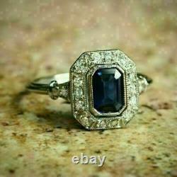 Sparkling 2Ct Emerald Cut Blue Sapphire Halo Wedding Rings 14K White Gold Finish