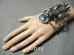 Statement Vintage Navajo Huge Kachina Turquoise Sterling Silver Bracelet Old