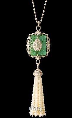 Sterling Silver 925 Vintage Style Women Tassel Necklace Green & Pearl Jewelry