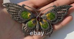 Sterling Silver Enamel Garnet Marcasite Butterfly Pendant Pin Brooch G41