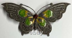 Sterling Silver Enamel Garnet Marcasite Butterfly Pendant Pin Brooch G41