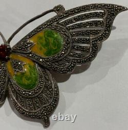 Sterling Silver Enamel Garnet Marcasite Butterfly Pendant Pin Brooch G41