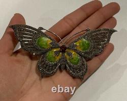 Sterling Silver Enamel Garnet Marcasite Butterfly Pendant Pin Brooch G41