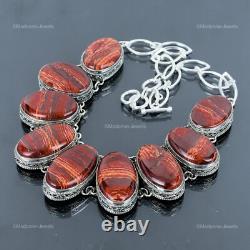 Sterling Silver Natural Red Snakeskin Jasper Vintage Chain Wife Necklace Jewelry