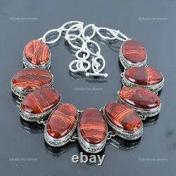 Sterling Silver Natural Red Snakeskin Jasper Vintage Chain Wife Necklace Jewelry