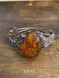 Sterling Silver Vintage Art Nouveau style Amber Bracelet Filigree