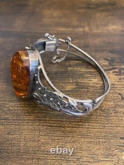 Sterling Silver Vintage Art Nouveau style Amber Bracelet Filigree