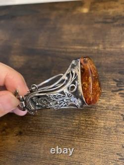 Sterling Silver Vintage Art Nouveau style Amber Bracelet Filigree