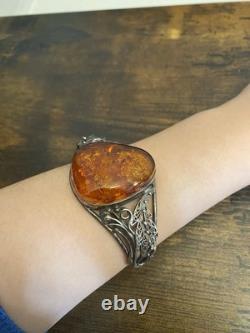 Sterling Silver Vintage Art Nouveau style Amber Bracelet Filigree