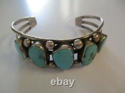 Sterling Silver Vintage Navajo Cuff Bracelet Tribal Art Sculpture Turquoise