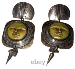 Tabra Vintage Sterling Silver Celestial Figure Pierced Artisan Dangle Earrings