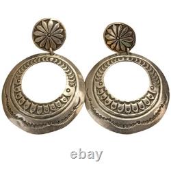 Traditional Vintage Navajo Sterling Silver Large Concho Hoop Earrings