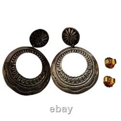 Traditional Vintage Navajo Sterling Silver Large Concho Hoop Earrings
