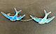 Two Vintage Silver Blue Enamel Bird Brooches Linked With A Silver Chain
