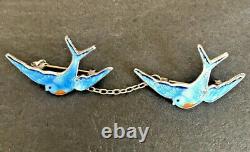 Two VINTAGE SILVER BLUE ENAMEL BIRD BROOCHES Linked With A Silver Chain