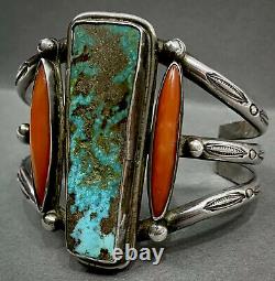 UNIQUE Large Vintage Navajo Sterling Silver Turquoise Coral Cuff Bracelet